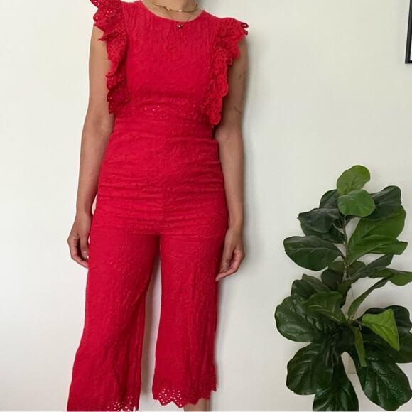 Built By Dreamers Red Lace Jumpsuit Size Medium Eyelet Ruffle Hem Capri Length - Picture 1 of 13